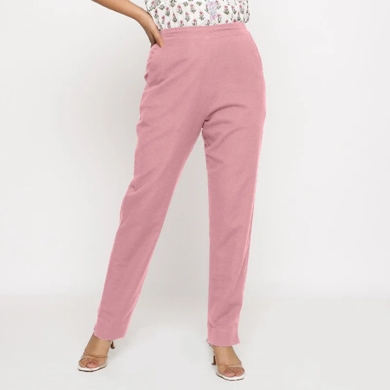 Pink Cotton Flax Elasticated Mid-Rise Tapered Pant