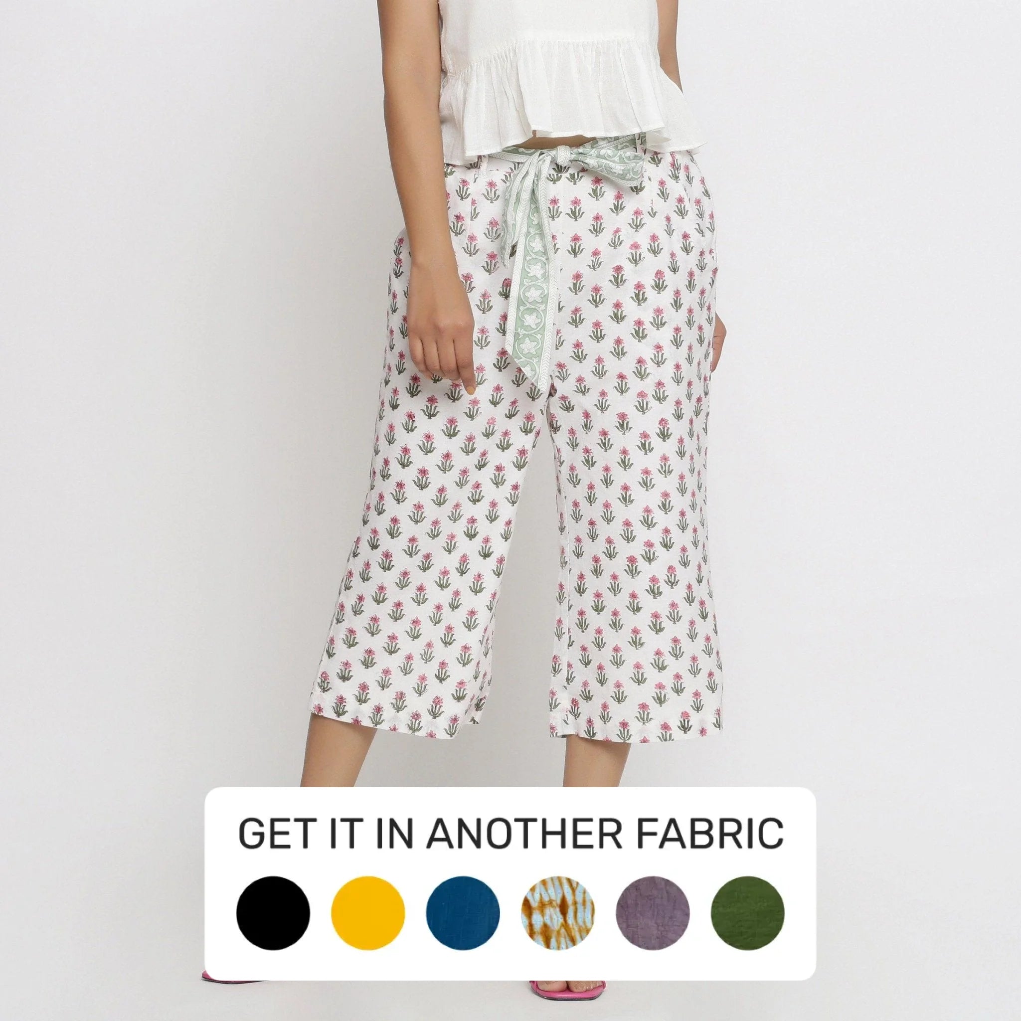 White Floral Block Printed Cotton Culottes