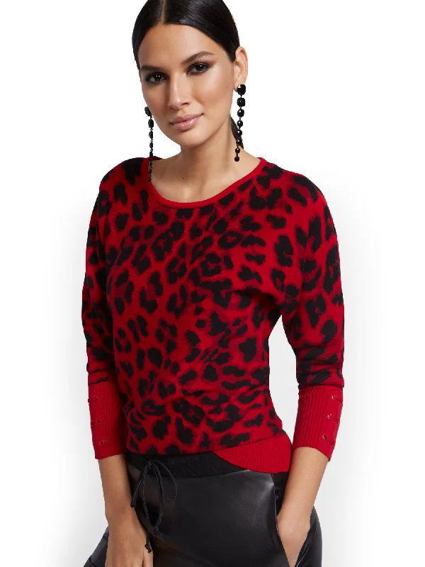 Leopard-Print Lace-Up Cuff Dolman Sweater