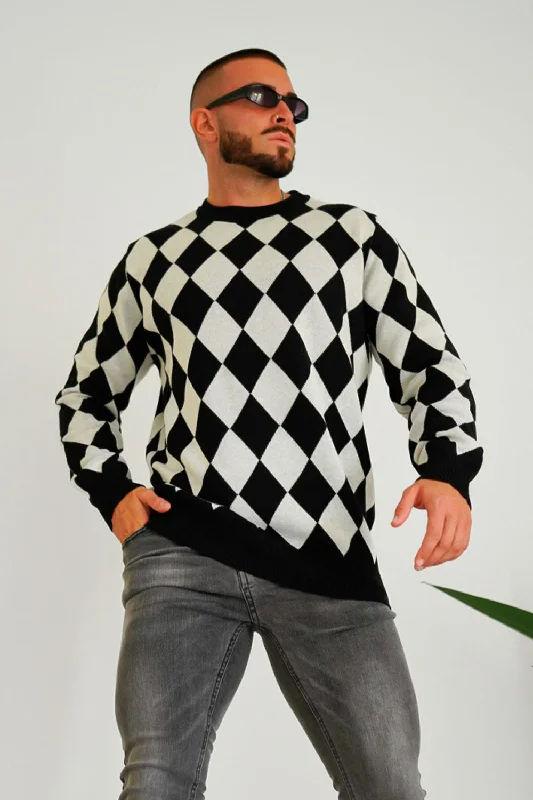 Men's Plaid Sweater - Black and White