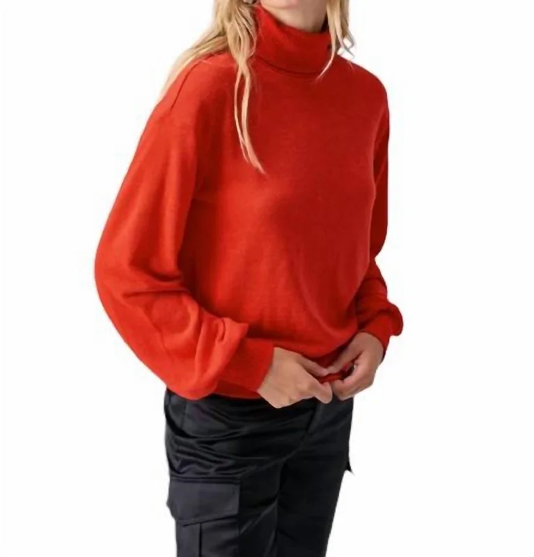 Ruched Sleeve Turtleneck Top In Lipstick