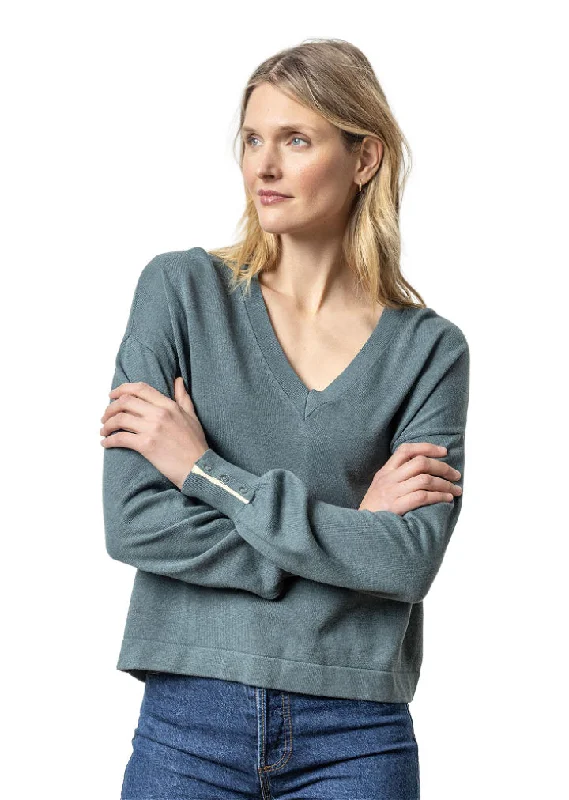 Snap Cuff V-Neck Sweater Heron