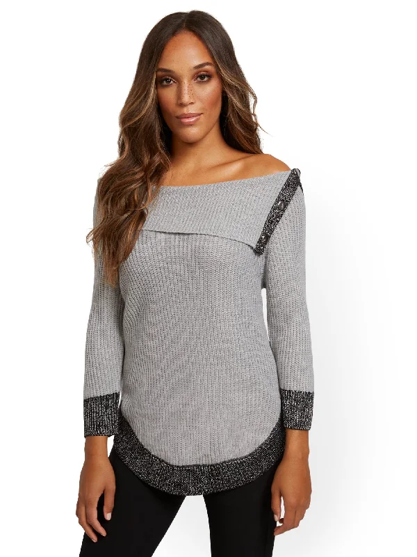 Split-Collar Button-Accent Sweater