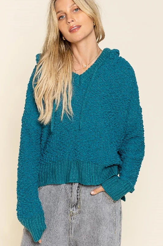 Texured Knit Hoodie, Teal