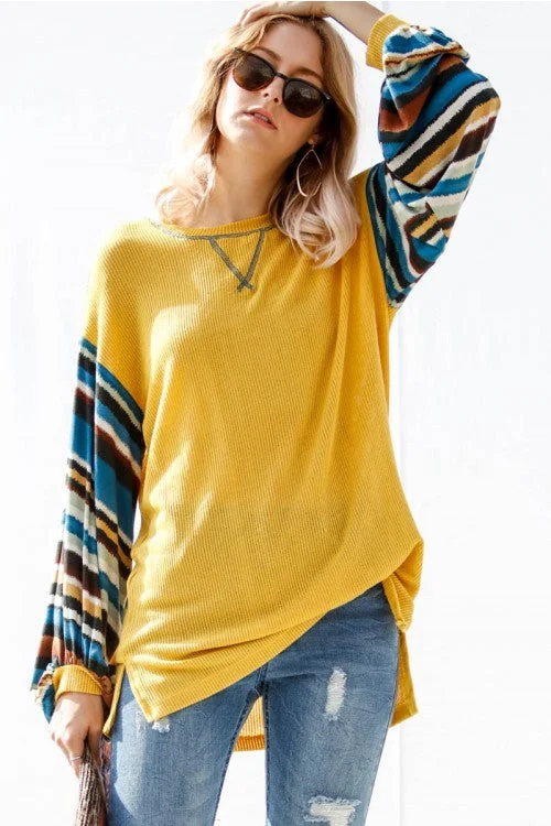 Tribal Striped Sleeve Knit Top, Mustard