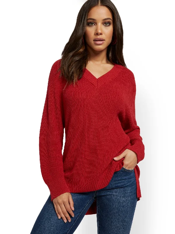 V-Neck High-Low Tunic Sweater