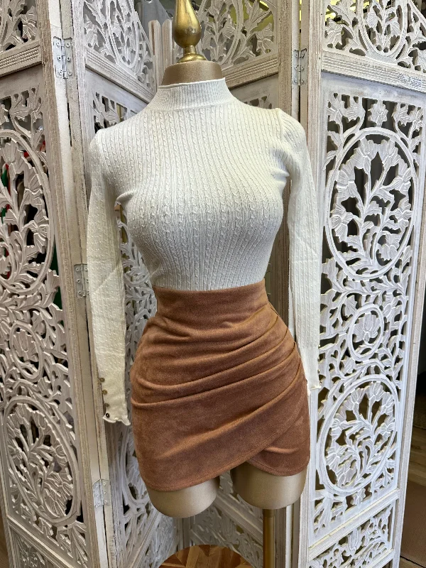 Brown Suede Draped Mini Skirt