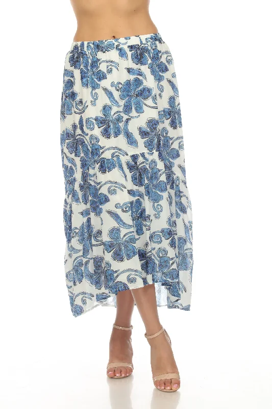 Johnny Was Workshop White/Blue Azura Floral Tiered Midi Skirt Boho Chic W71423