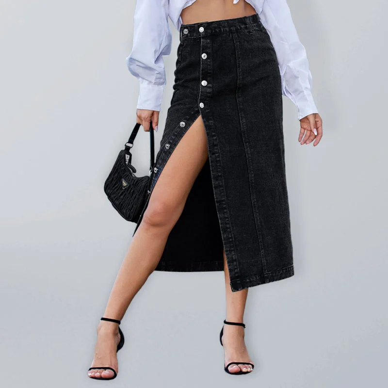 Women's Button Irregular Split Denim High Waist Skirt