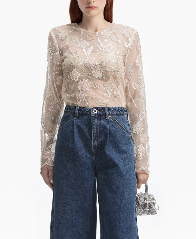 self-portrait Sequin Flower Top