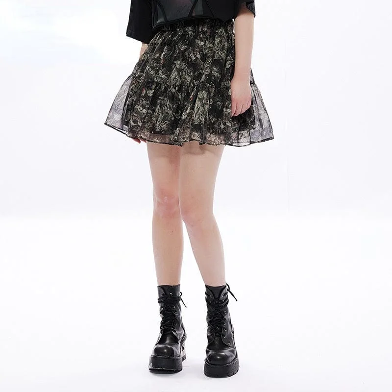 Women's Grunge Cat Printed Chiffon Short Skirt