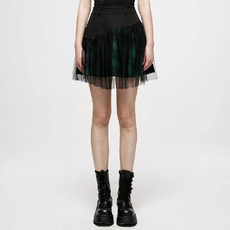 Women's Grunge High-waisted Mesh Green Plaid Short Skirt