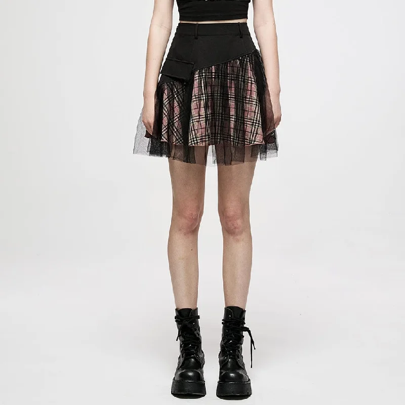 Women's Grunge High-waisted Mesh Red Plaid Short Skirt