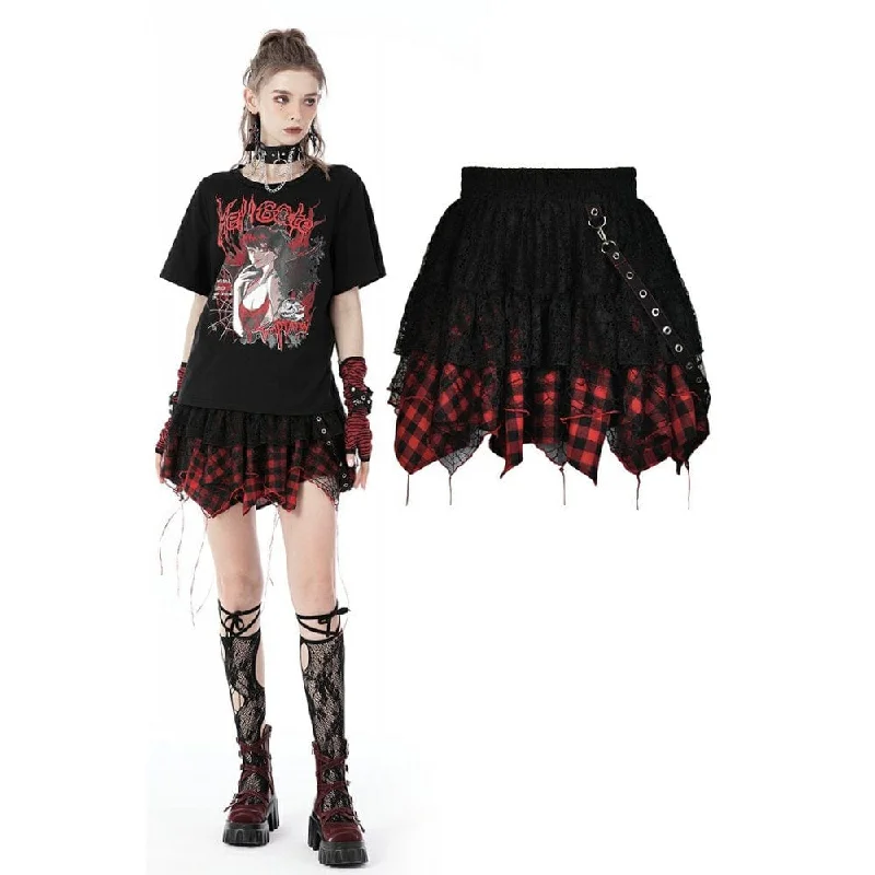 Women's Grunge Lace Red Plaid Ripped Short Skirt