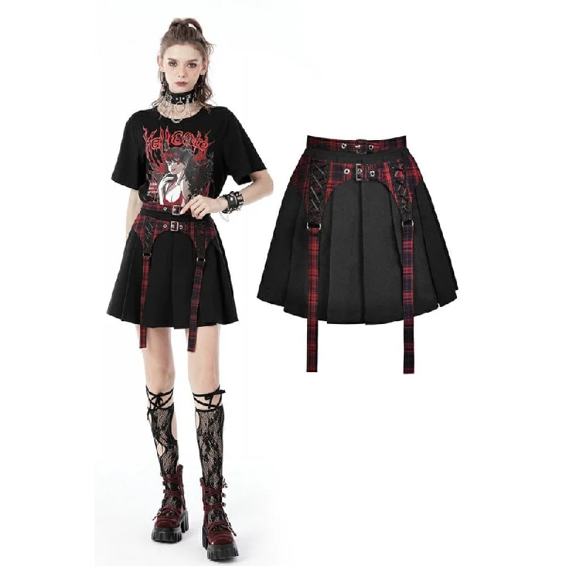 Women's Punk Rock Pleated Skirt with Red Plaid Strap