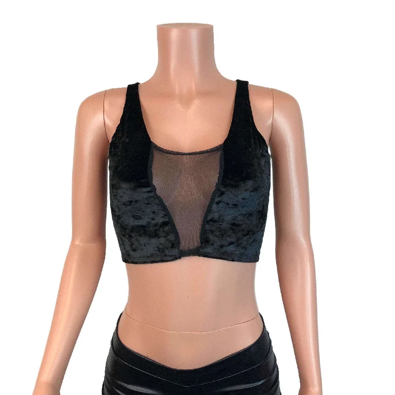 Mesh Inset Crop Tank Top - Black Crushed Velvet