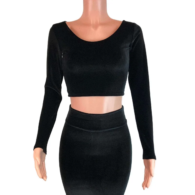 Long Sleeve Crop Top - Black Velvet