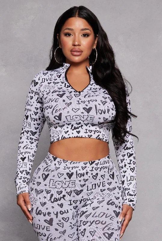 Love Print Seamless Zip Neck Crop Top