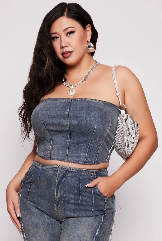 Plus Size Denim Acid Wash Smocked Back Tube Top