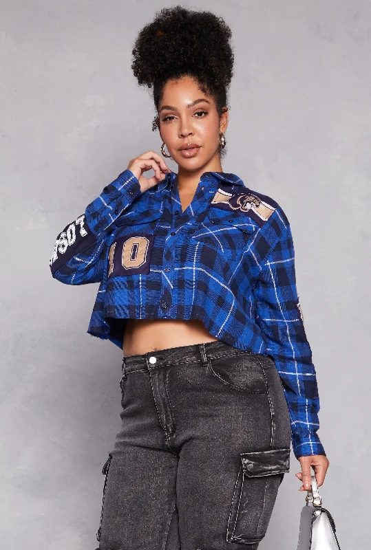 Plus Size Spoon Jeans Graphic Patch Plaid Cropped Shirt