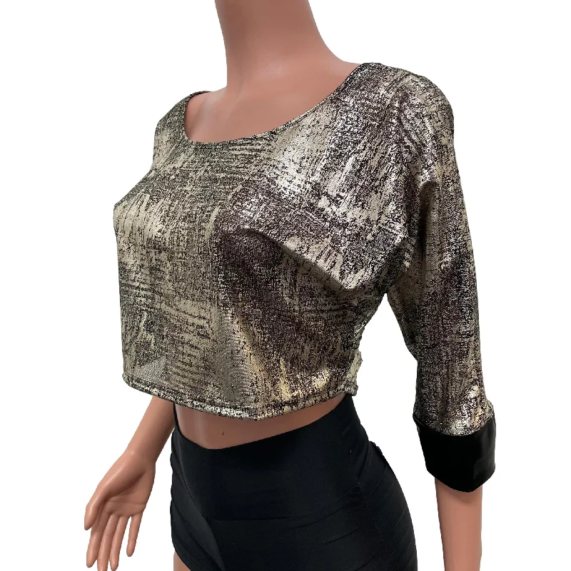 Dolman Crop Top in Black/Gold Mesh Sheer Loose Tee Rave Top