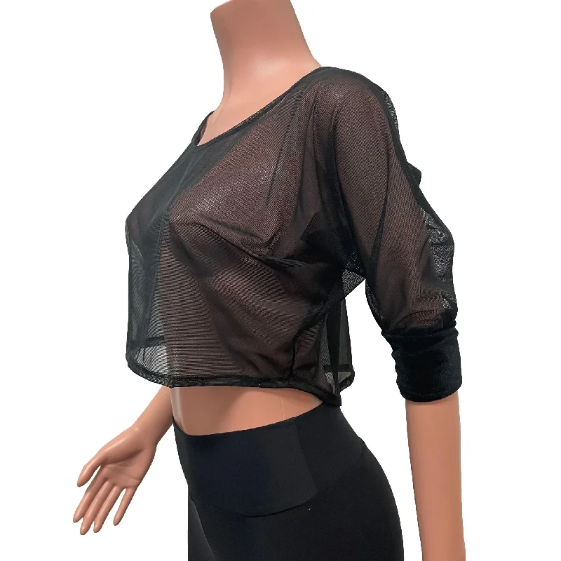 Dolman Crop Top in Black Mesh Sheer Loose Tee Rave Top