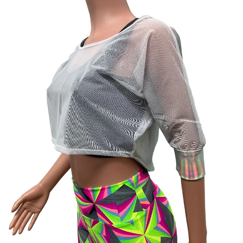 Dolman Crop Top in Opal Holographic and White Mesh | Loose Tee Rave Top