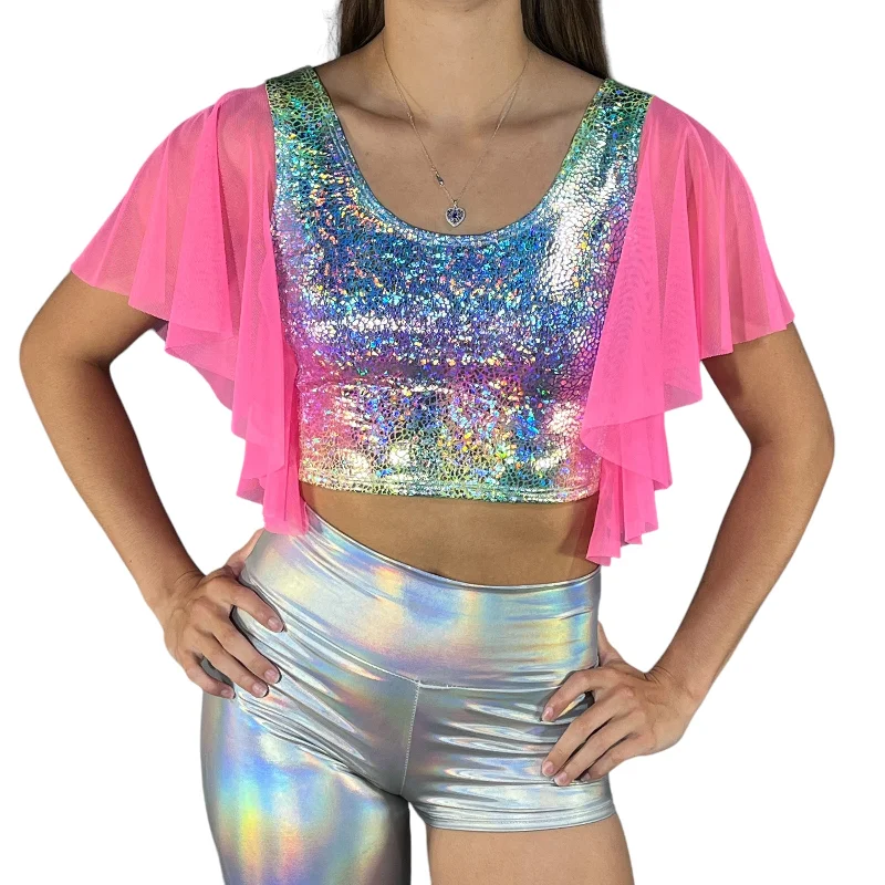 Flutter Sleeve Top Rainbow Avatar Holo | Mesh Sleeve Ruffle Shirt | Holographic Festival Crop Top