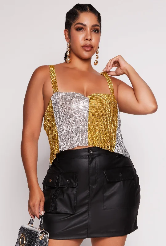 Plus Size Color Block Rhinestone Mesh Crop Top