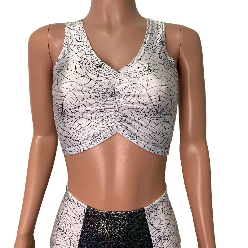 Holographic Spider Web on White Ruched Crop Top Tank