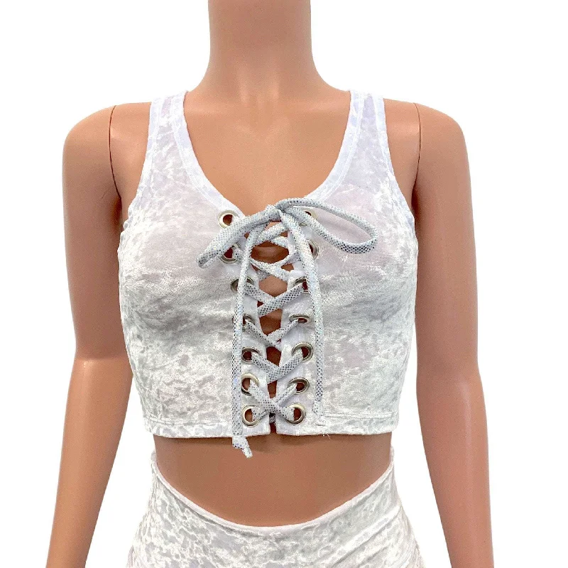 Lace-Up Crop Top - White Crushed Velvet & Silver Holo