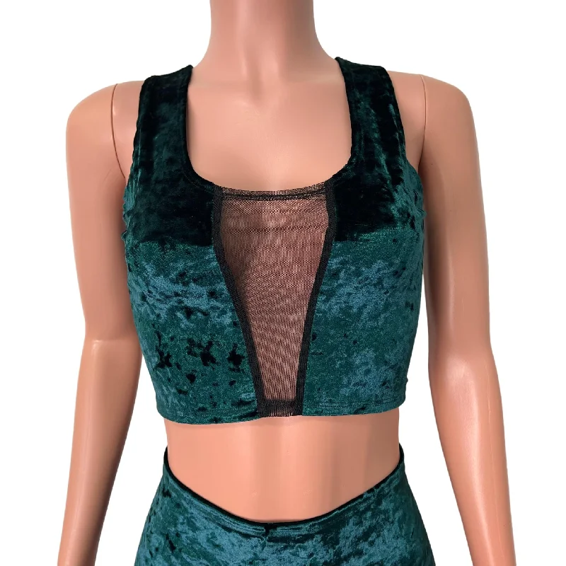 Mesh Inset Crop Tank Top - Hunter Green Crushed Velvet