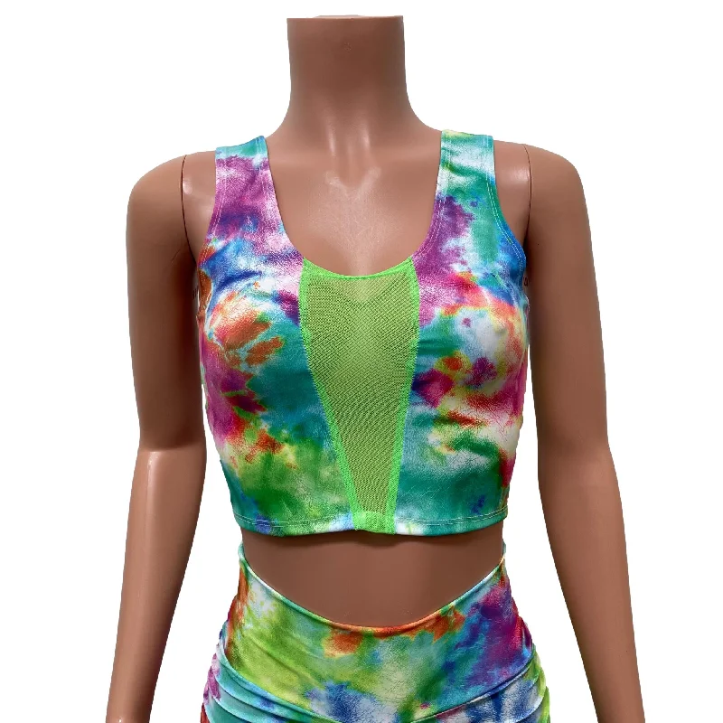 Mesh Inset Crop Tank Top - Watercolor Spandex w/ Neon Green Mesh