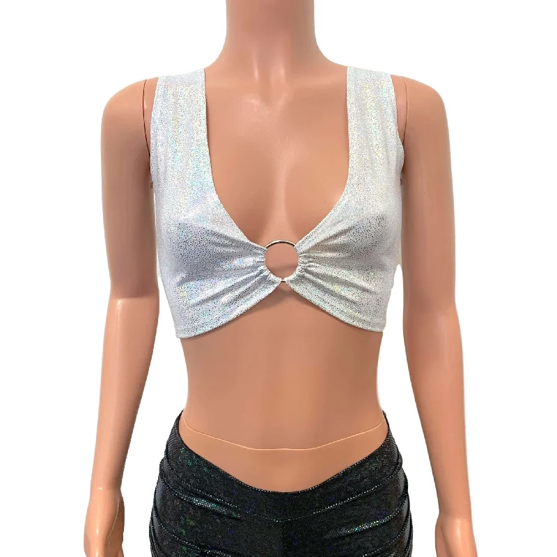 Silver on White Holographic Ring Crop Top