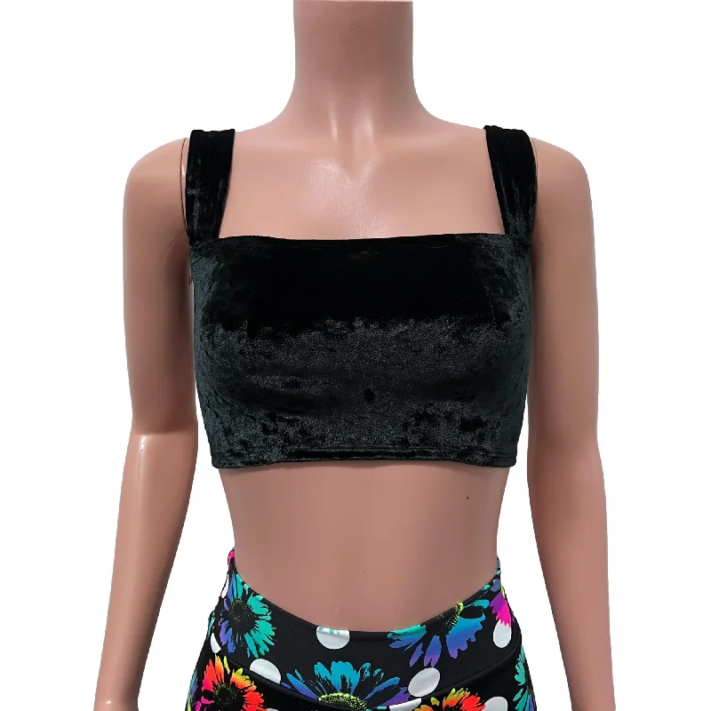 Wide Strap Square Neckline Crop Top -  Black Crushed Velvet