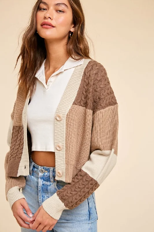 Beige Patchwork Color Block Cable Cardigan