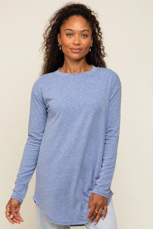 Blue Long Sleeve Curved Hem Top