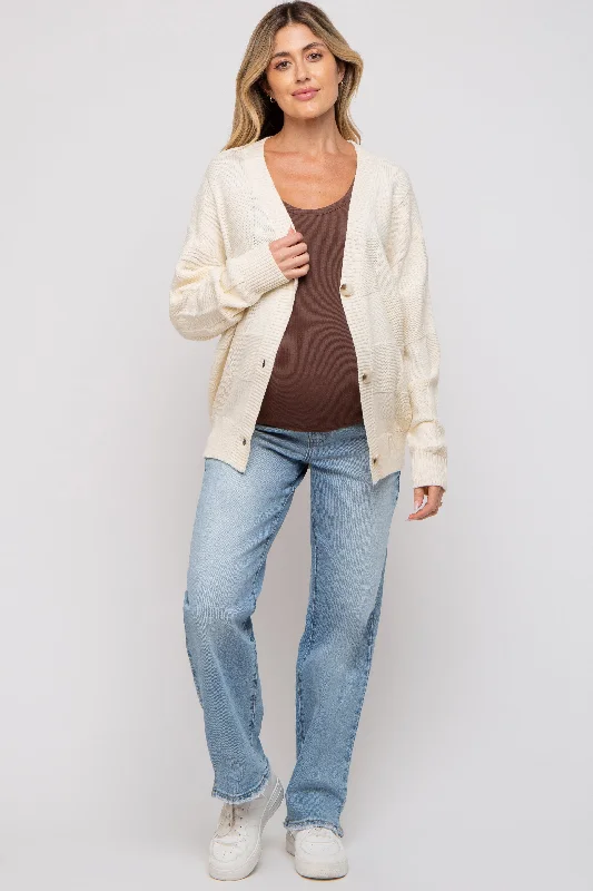 Cream Checkered Knit Button Front Maternity Cardigan