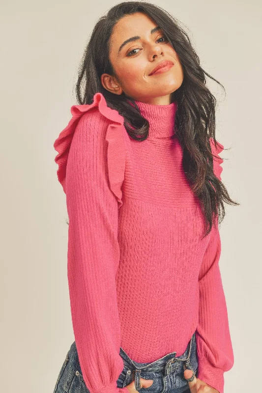 Deep Pink Shoulder Ruffle Turtleneck Sweater