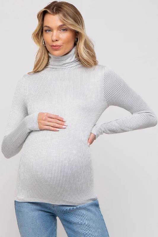 Grey Ribbed Maternity Turtleneck Top