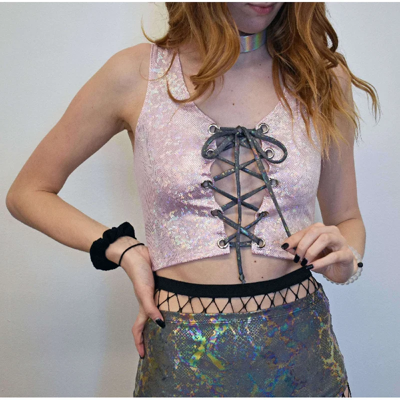 Lace-Up Crop Tank Top - Pink Shattered Glass Holographic