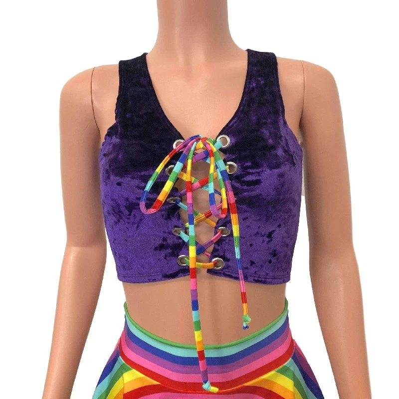 Lace-Up Crop Top - Purple Crushed Velvet & Rainbow