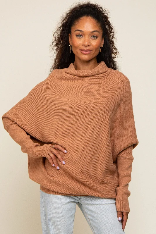 Light Camel Funnel Neck Dolman Sleeve Sweater