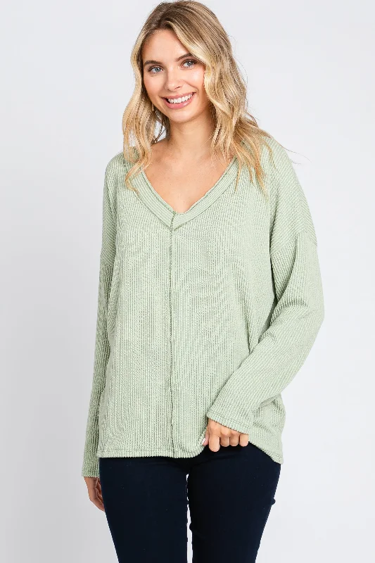 Light Olive Ribbed V-Neck Long Sleeve Top