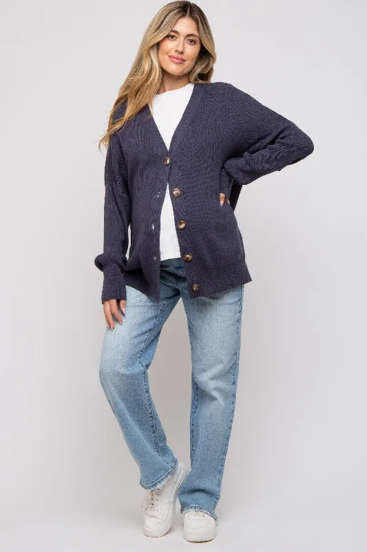 Navy Basic Ribbed Maternity Cardigan Sweater