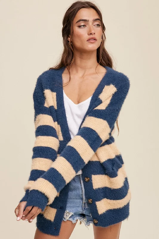 Navy Blue Striped Fuzzy Cardigan