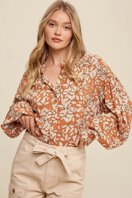 Orange Leaf Print Button Up Top