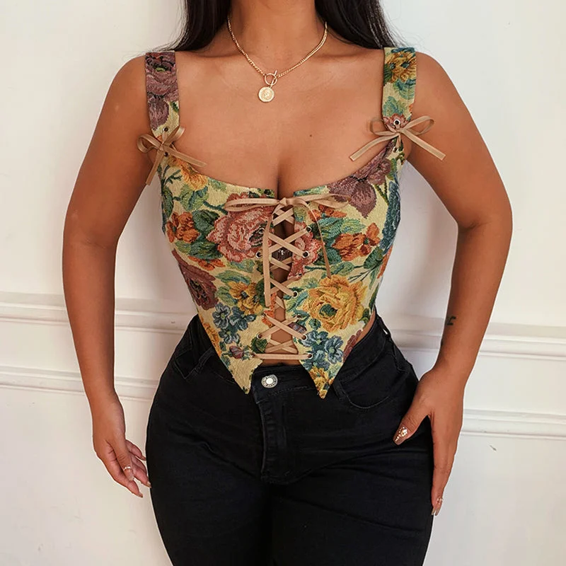 Vintage Printed Tie-up V Back Top