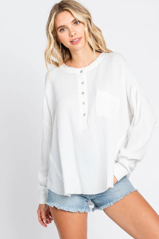 White Front Button Drop Shoulder Long Sleeve Top