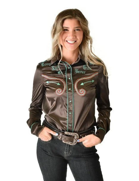 Cowgirl Tuff Womens White Satin Western Brown Nylon L/S Shirt